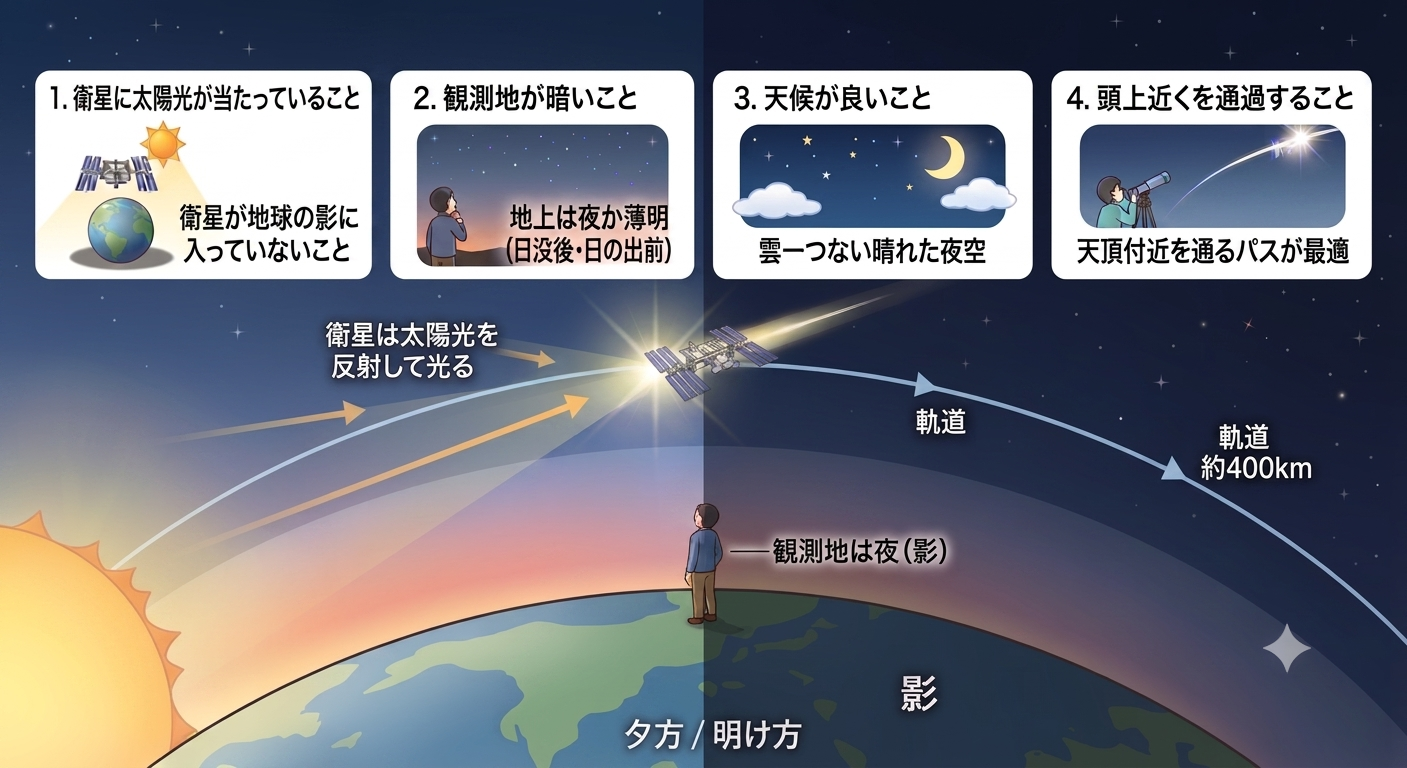 1. 衛星に太陽光が当たっていること　2. 観測地が暗いこと　3. 天候が良いこと　4. 頭上近くを通過すること